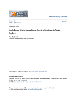 Herbal Abortifacients and Their Classical Heritage in Tudor England