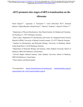 Eef3 Promotes Late Stages of Trna Translocation on the Ribosome