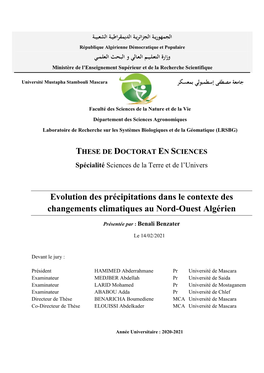 Evolution Des Précipitations Dans Le Contexte Des Changements Climatiques Au Nord-Ouest Algérien