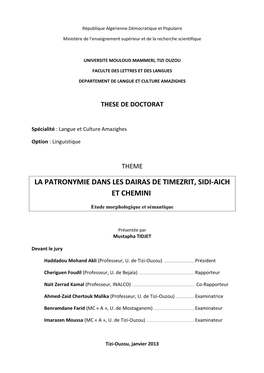 La Patronymie Dans Les Dairas De Timezrit, Sidi-Aich Et Chemini