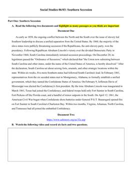 Social Studies 06/03: Southern Secession ______Part One: Southern Secession A