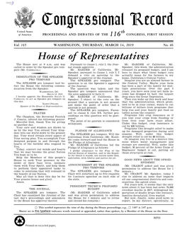 Congressional Record United States Th of America PROCEEDINGS and DEBATES of the 116 CONGRESS, FIRST SESSION