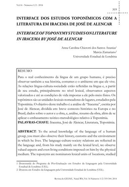 Interface Dos Estudos Toponímicos Com a Literatura Em Iracema De José De Alencar