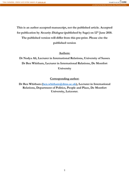 This Is an Author Accepted Manuscript, Not the Published Article. Accepted for Publication by Security Dialogue (Published by Sage) on 12Th June 2018