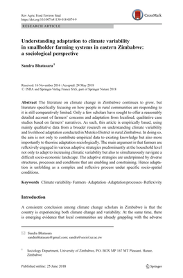 Understanding Adaptation to Climate Variability in Smallholder Farming Systems in Eastern Zimbabwe: a Sociological Perspective