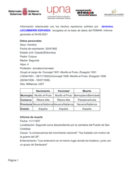 Información Relacionada Con Los Hechos Represivos Sufridos Por Jerónimo LECUMBERRI ESPARZA Recogidos En La Base De Datos Del FDMHN