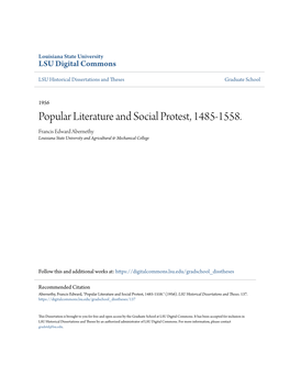 Popular Literature and Social Protest, 1485-1558. Francis Edward Abernethy Louisiana State University and Agricultural & Mechanical College