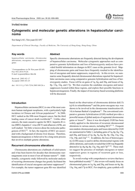 Cytogenetic and Molecular Genetic Alterations in Hepatocellular Carci- Noma