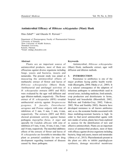 Antimicrobial Efficacy of Hibiscus Schizopetalus (Mast) Hook