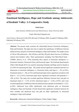 Emotional Intelligence, Hope and Gratitude Among Adolescents of Kashmir Valley: a Comparative Study