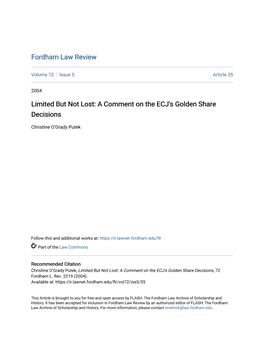 Limited but Not Lost: a Comment on the ECJ's Golden Share Decisions