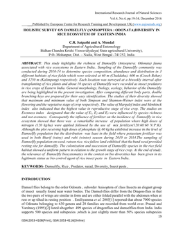 Holistic Survey on Damselfly (Anisoptera : Odonata)Diversity in Rice Ecosystem of Eastern India