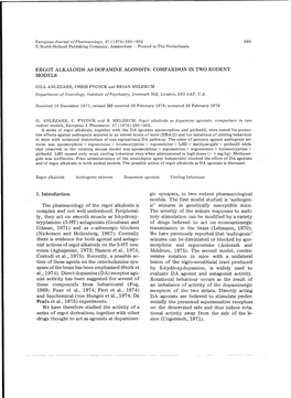 Ergot Alkaloids As Dopamine Agonists: Comparison in Two Rodent Models