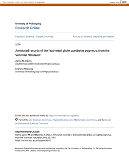 Annotated Records of the Feathertail Glider, Acrobates Pygmeus, from the Victorian Naturalist