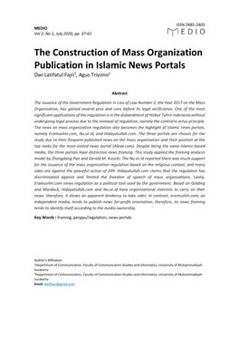 The Construction of Mass Organization Publication in Islamic News Portals Dwi Latifatul Fajri1, Agus Triyono2