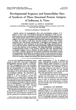 Developmental Sequence and Intracellular Sites of Synthesis of Three Structural Protein Antigens of Influenza A2 Virus