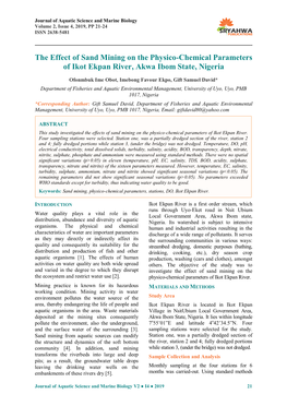 The Effect of Sand Mining on the Physico-Chemical Parameters of Ikot Ekpan River, Akwa Ibom State, Nigeria