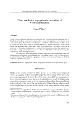 Ethnic Residential Segregation in Three Cities of Northwest Romania1