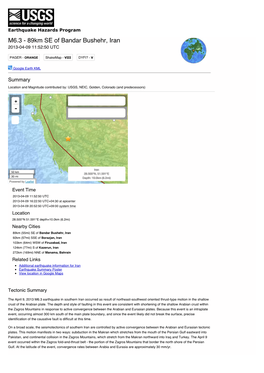 M6.3 - 89Km SE of Bandar Bushehr, Iran 2013-04-09 11:52:50 UTC