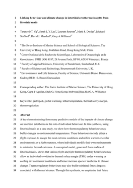 Linking Behaviour and Climate Change in Intertidal Ectotherms: Insights from 1 Littorinid Snails 2 3 Terence P.T. Ng , Sarah