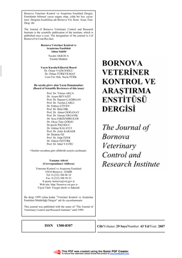 Bornova Veteriner Kontrol Ve Araştirma Enstitüsü Dergisi Yayin Kurallari