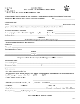 Renewal Licensing Division New Application for Taxicab/Limousine Owner’S License Replacement Provide Vin of Vehicle Being Removed for Replacement______