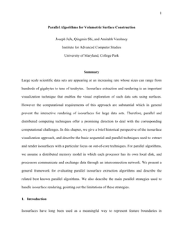 1 Parallel Algorithms for Volumetric Surface Construction Joseph Jaja