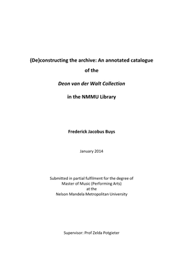 Constructing the Archive: an Annotated Catalogue of the Deon Van Der Walt