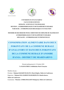 Consommation Alimentaire Dans Deux Fokontany De La Commune Rurale (CR) D’Analavory Et Dans Deux Fokontany De La CR Anosibe Ifanja, District De Miarinarivo »