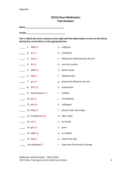 10/15-Hour Medication Test Answers