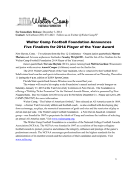 Walter Camp Football Foundation Announces Five Finalists for 2014 Player of the Year Award