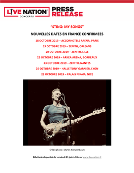 “Sting: My Songs” Nouvelles Dates En France Confirmees