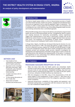 The District Health System in Enugu State, Nigeria an Analysis of Policy Development and Implementation POLICY BRIEF JANUARY 2010