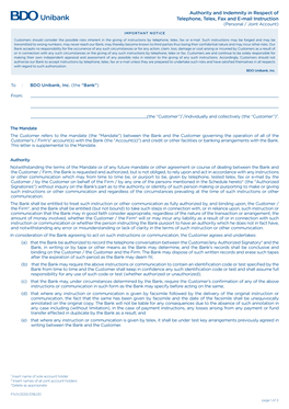 Authority and Indemnity in Respect of Telephone, Telex, Fax and E-Mail Instruction (Personal / Joint Account)