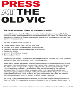 The Old Vic Announces the Old Vic 12 Class of 2016-2017