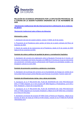 Relación De Acuerdos Aprobados Por La Diputación Provincial De a Coruña En La Sesión Plenaria Ordinaria De 27 De Noviembre De 2020