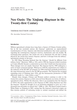 The Xinjiang Bingtuan in the Twenty-ﬁrst Century