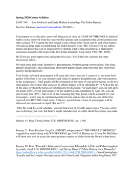 Spring 2020 Course Syllabus LDST 340 Late Medieval and Early Modern Leadership: the Tudor Dynasty Peter Iver Kaufman Pkaufman@Richmond.Edu; 289-8003