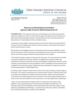 Resources and Development Committee Approves Right-‐Of-‐Way for Nazlini Navajo