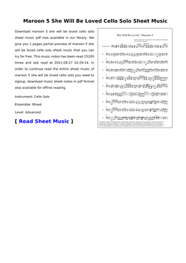 Maroon 5 She Will Be Loved Cello Solo Sheet Music