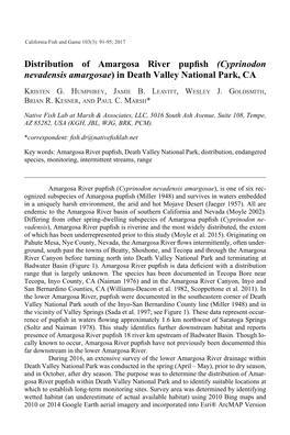 Distribution of Amargosa River Pupfish (Cyprinodon Nevadensis Amargosae) in Death Valley National Park, CA