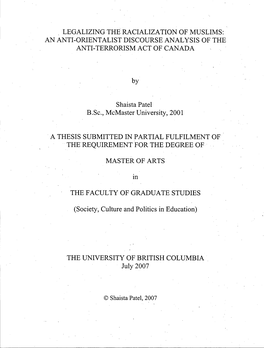 AN ANTI-ORIENTALIST DISCOURSE ANALYSIS of the ANTI-TERRORISM ACT of CANADA by Shaista P