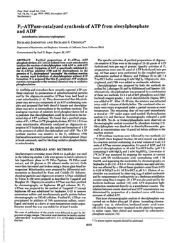 F1-Atpase-Catalyzed Synthesis of ATP from Oleoylphosphate and ADP (Mitochondria/Adenosine Triphosphate) RICHARD JOHNSTON and RICHARD S