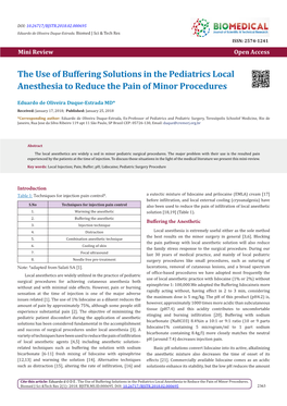 The Use of Buffering Solutions in the Pediatrics Local Anesthesia to Reduce the Pain of Minor Procedures