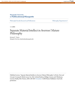 Separate Material Intellect in Averroes' Mature Philosophy Richard C