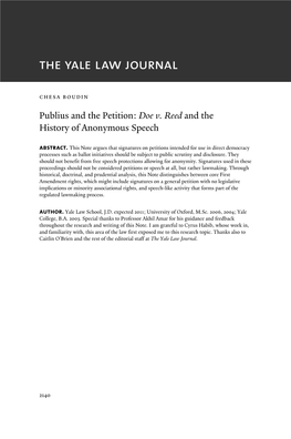 Doe V. Reed and the History of Anonymous Speech Abstract