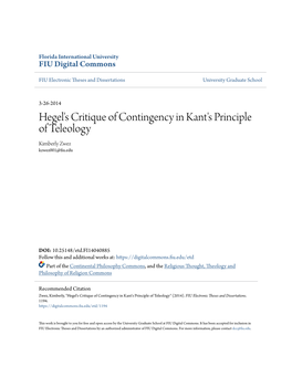 Hegel's Critique of Contingency in Kant's Principle of Teleology Kimberly Zwez Kzwez001@Fiu.Edu
