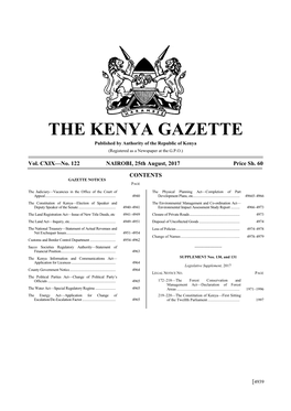 THE KENYA GAZETTE Published by Authority of the Republic of Kenya (Registered As a Newspaper at the G.P.O.)