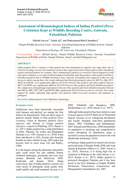 Assessment of Hematological Indices of Indian Peafowl (Pavo Cristatus) Kept at Wildlife Breeding Centre, Gatwala, Faisalabad, Pakistan