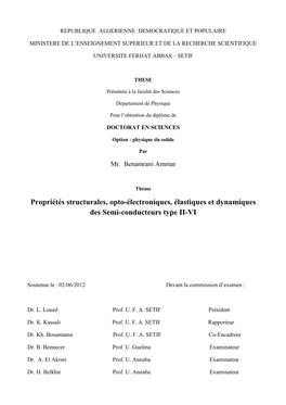 Propriétés Structurales, Opto-Électroniques, Élastiques Et Dynamiques Des Semi-Conducteurs Type II-VI